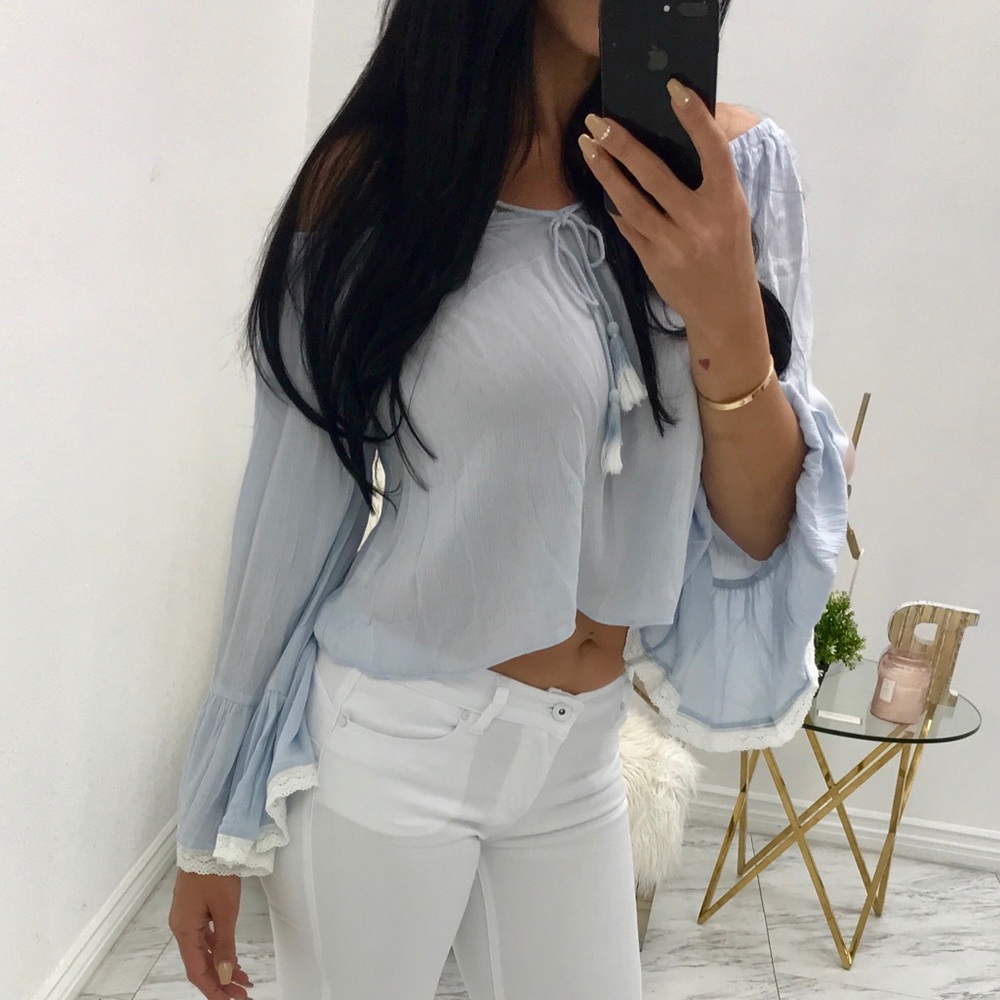 Light blue off-the-shoulder top
